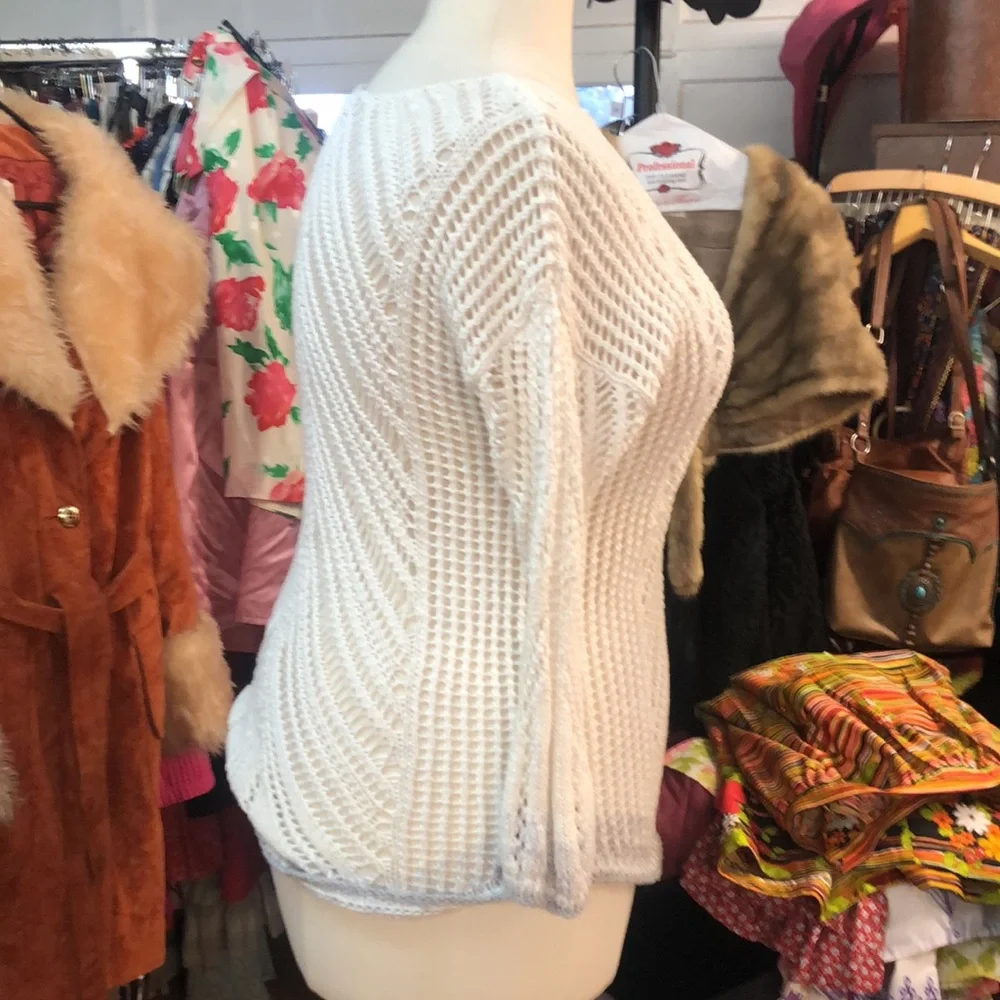 Coldwater Creek- crocheted cotton blend sweater - white w/grey ombre trim